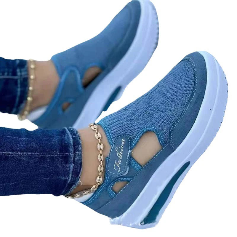 Zapatillas de deporte vulcanizadas a la moda para mujer, zapatos planos con plataforma de Color sólido, zapatos informales transpirables con cuña para caminar para mujer