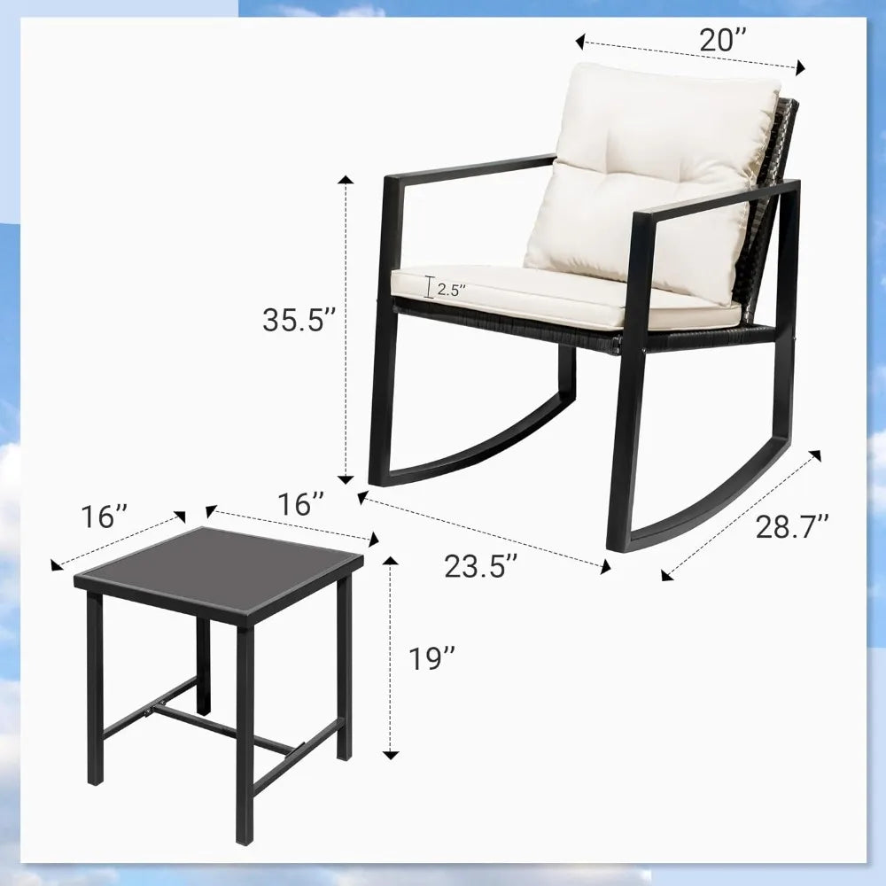 Sillas de Patio, Juegos de bistró para Exteriores de 3 Piezas, Mesa de Centro y Cojines, Muebles de Patio con Estructura para Porche, Juegos de Muebles de jardín Blancos