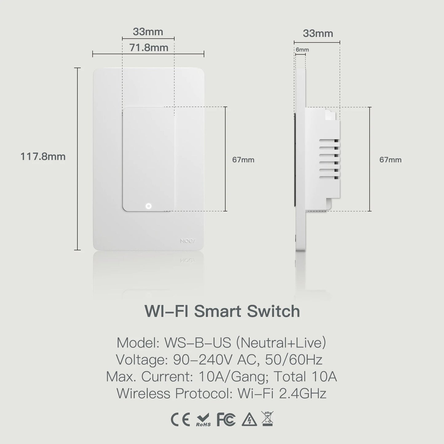 MOES Tuya-interruptor de luz inteligente con Wi-Fi, pulsador de pared de un solo polo de EE. UU., funciona con Alexa y Google Home, se requiere cable neutro