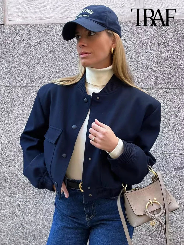 TRAF femmes mode avec poches Bomber veste manteaux Vintage à manches longues bouton avant décontracté vêtements de dessus pour femmes Chic hauts