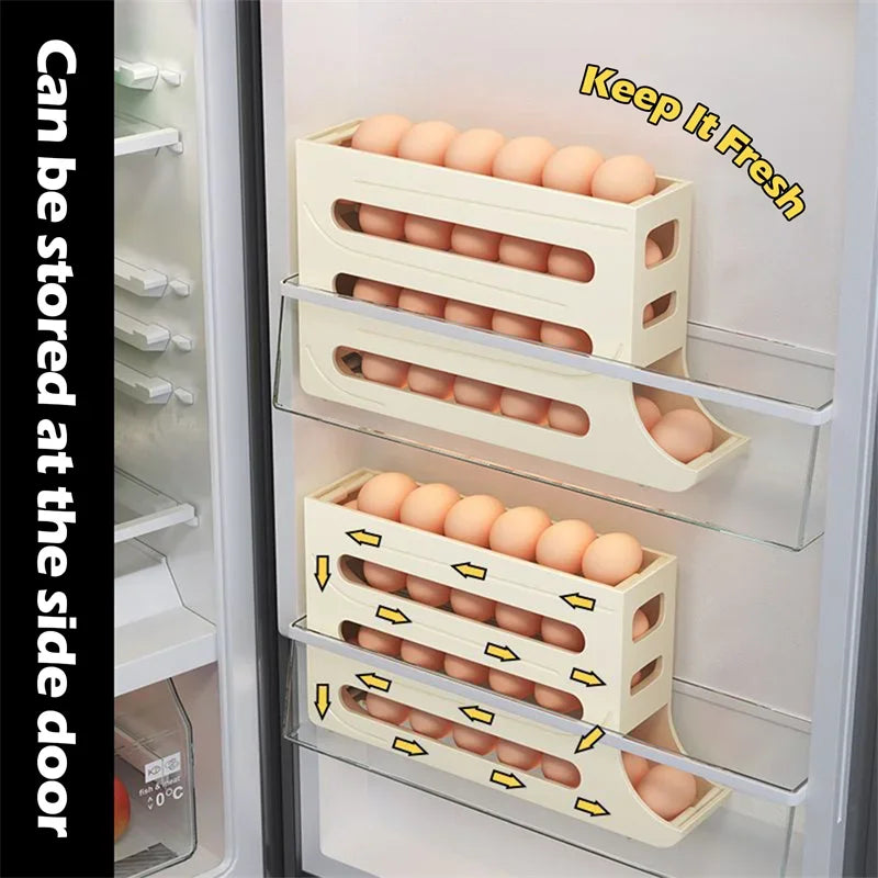 Caja de almacenamiento de huevos para refrigerador, soporte para huevos con desplazamiento automático, gran capacidad, organizador de almacenamiento de huevos rodante dedicado para Cocina