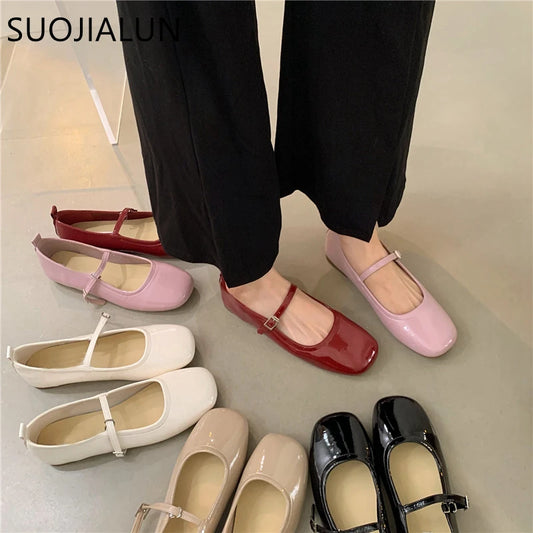 SUOJIALUN 2023 novedad de verano, zapatos Mary Jane para mujer, vestido informal suave para exteriores, zapatos de Ballet planos con punta redonda, zapatos planos sin cordones poco profundos