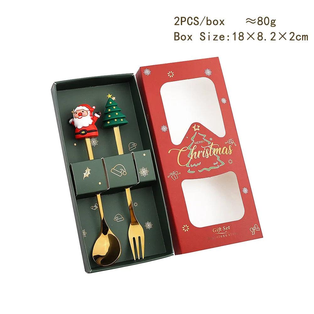 2pcs Christmas Gift Silver Glod Spoon Fork Set Elk Christmas Tree Decoration Dessert Scoop Fruit Fork Coffee Spoon Cutlery Set