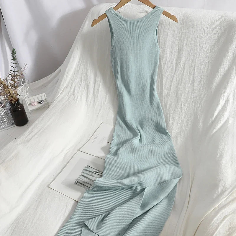 OCEANLOVE – Robe tricotée coréenne pour Femme, col en V, sans manches, ajourée, Sexy, Slim, moulante, fourchette fendue, longue, été