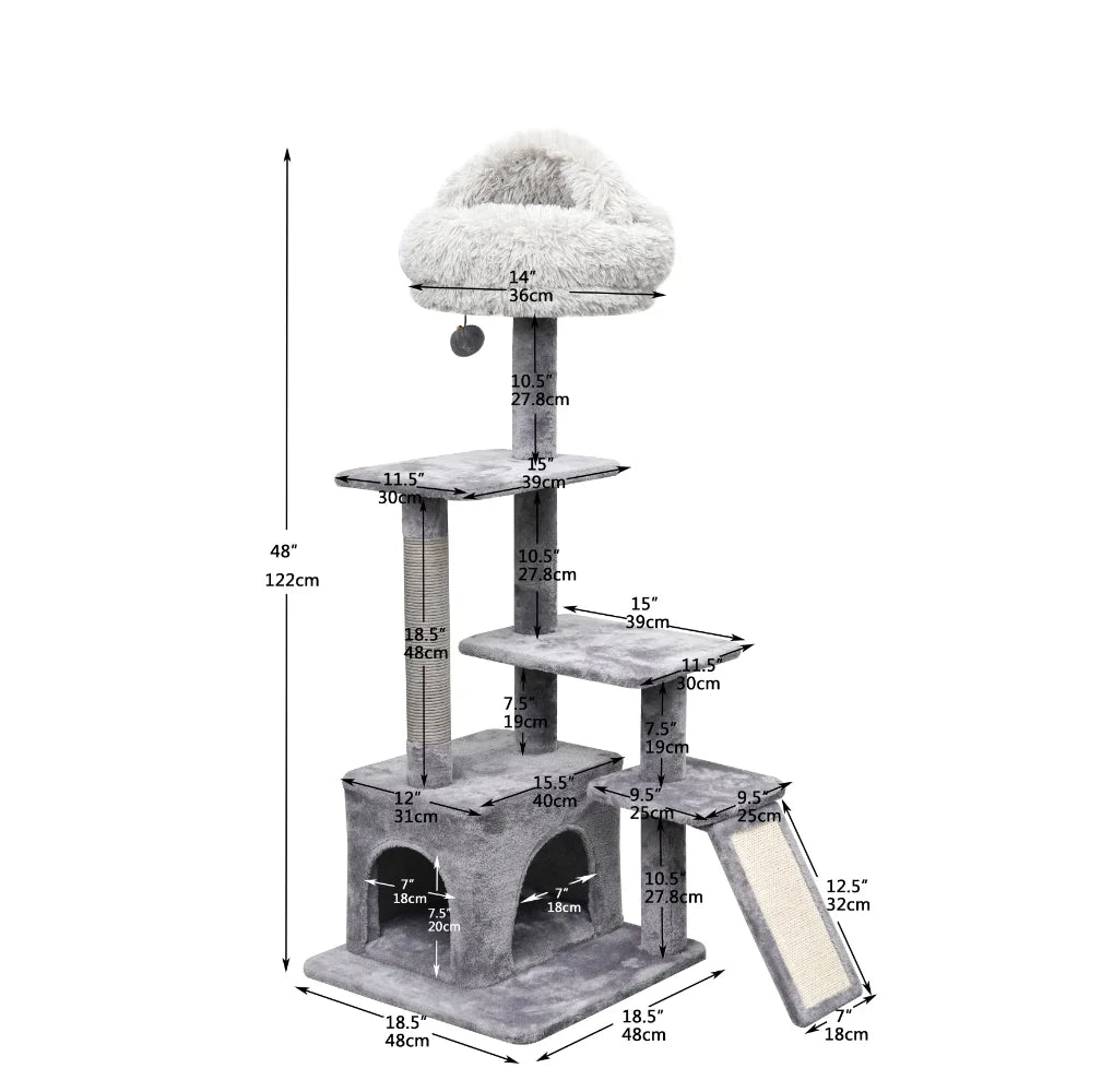 Árbol para gatos gris de 4 niveles con condominio y almohadilla para rascar, rascador para gatos de 48 pulgadas de altura, torre para árbol para gatos