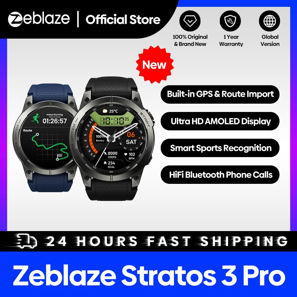 [Première mondiale 2024] Zeblaze Stratos 3 Pro GPS montre intelligente GPS intégré et importation d'itinéraire affichage AMOLED appels téléphoniques Bluetooth