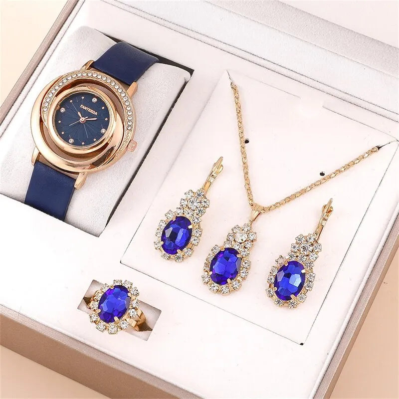 5 pièces ensemble de montre de luxe femmes bague collier boucle d'oreille strass mode montre-bracelet décontracté dames montres ensemble horloge