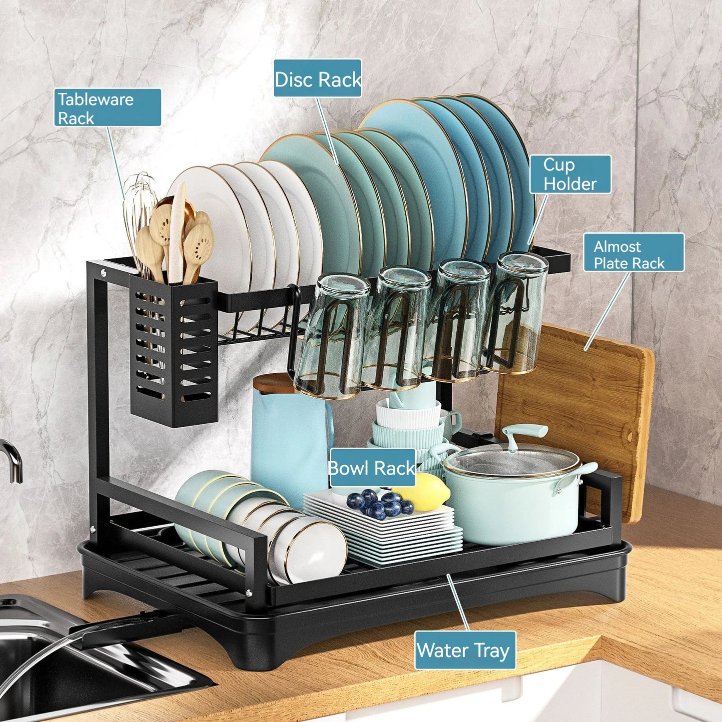 Double-layer Dish Drying Rack with Drip Tray Kitchen Sink Storage Space Saver Kitchen Counter Organizer Tableware Drainboard