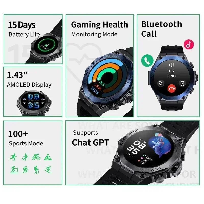 [Première mondiale] Version mondiale Black Shark S1 Pro montre intelligente 1,43 '' AMOLED charge sans fil 15 jours d'autonomie NFC Chat GPT