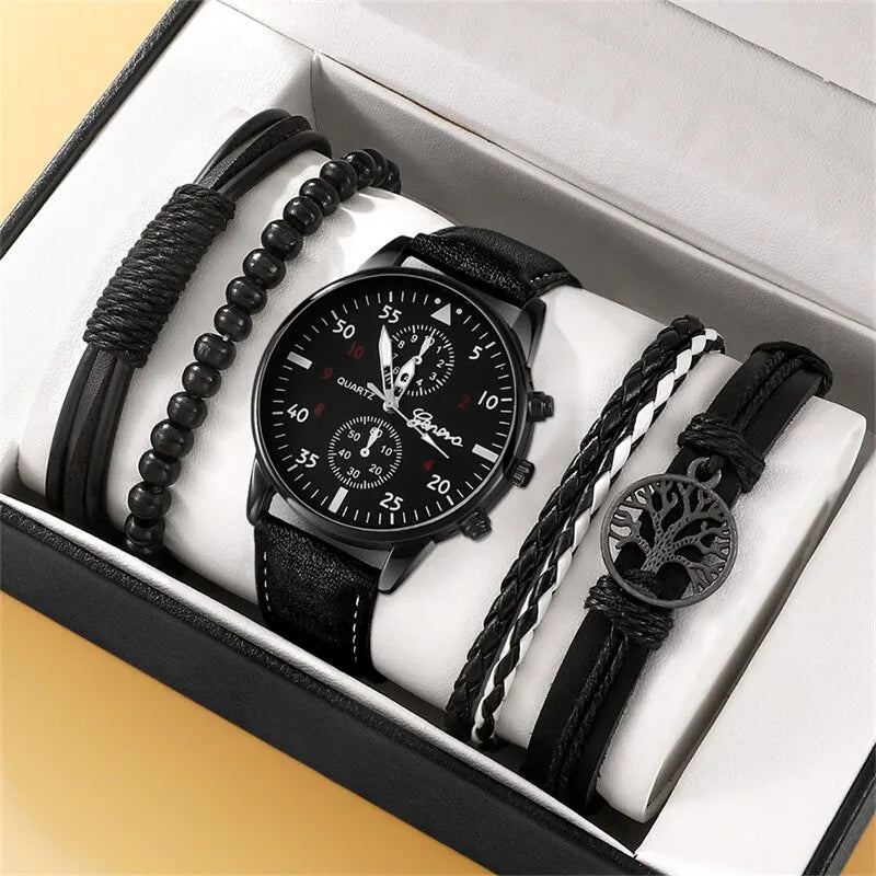 5 pièces ensemble mode hommes montres de sport homme affaires Quartz montre-Bracelet de luxe en cuir Bracelet hommes horloge décontractée montre