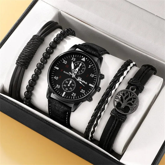 Conjunto de 5 uds. De relojes deportivos a la moda para hombre, reloj de pulsera de cuarzo de negocios, pulsera de cuero de lujo, reloj informal para hombre