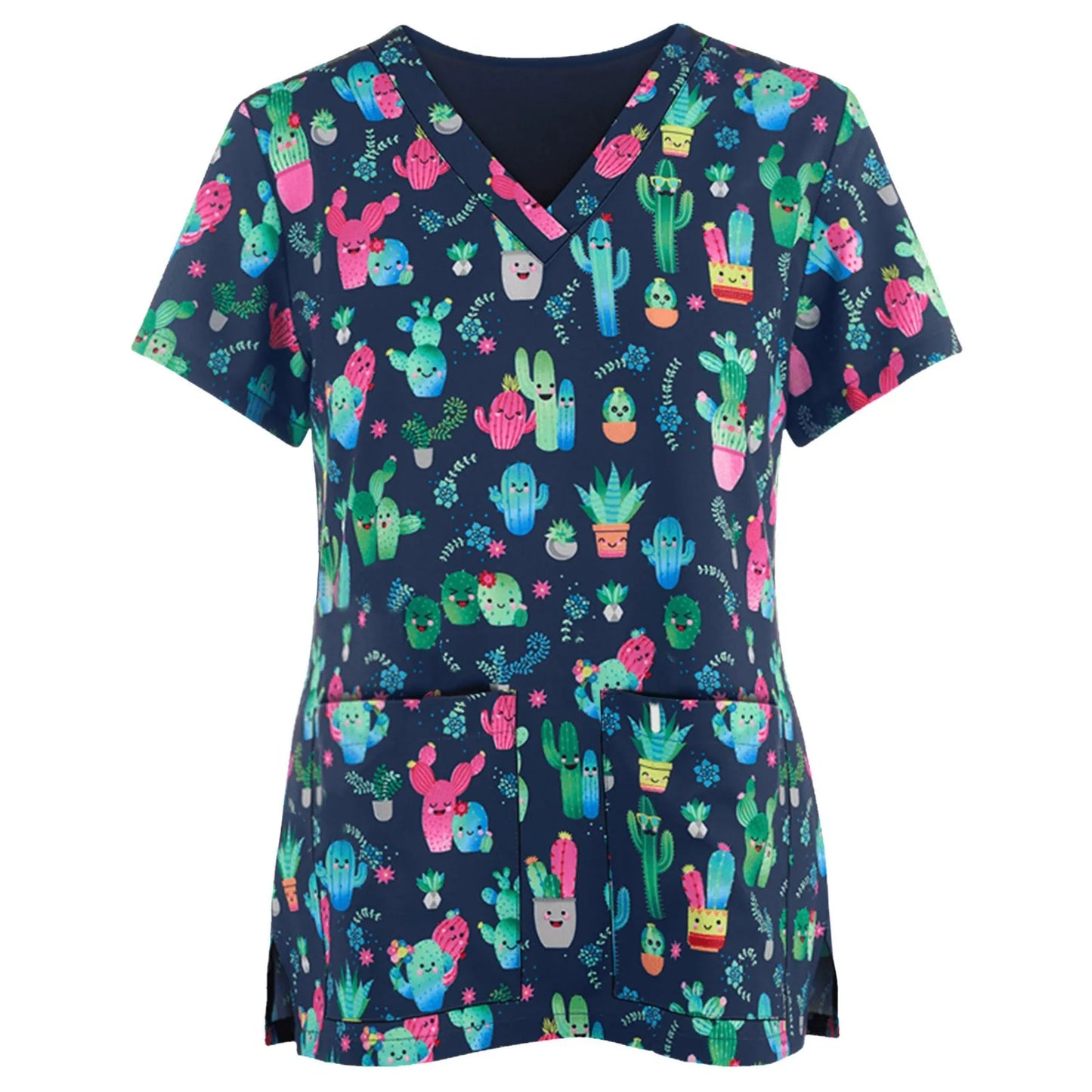 Uniforme de trabajo para mujer, estampado de animales, dibujos animados, gato, perro, manga corta, Tops con cuello en V, blusa para mujer, Ropa de Trabajo de enfermera, uniformes médicos