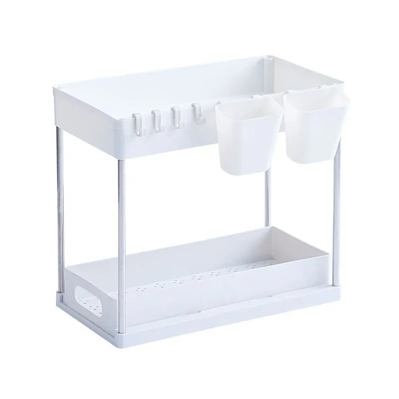 2 Tier Under Sink Organizer Sliding Cabinet Basket Organizer Storage Rack with Hooks Hanging Cup Bathroom Kitchen Organizer