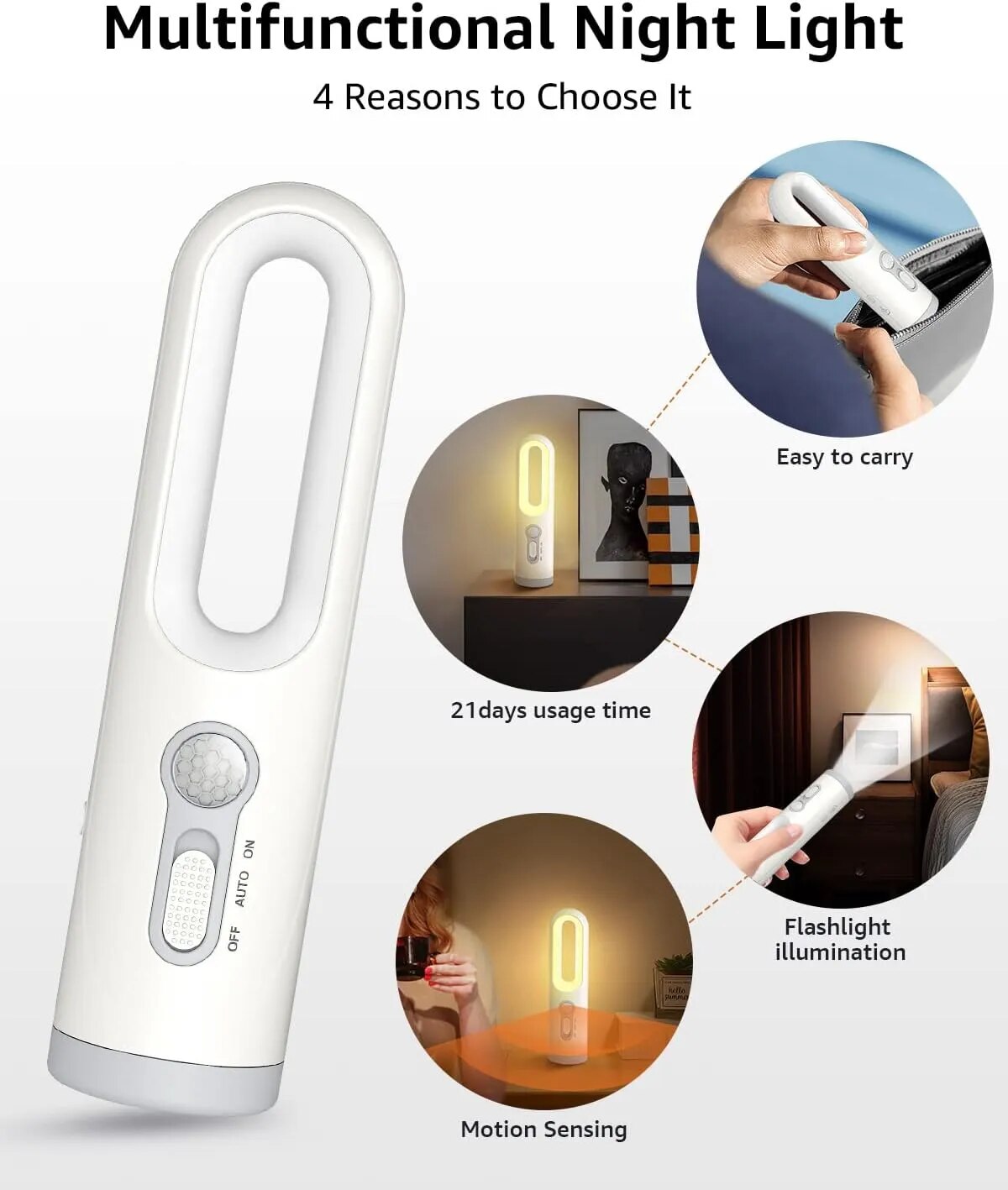 Lampe de poche portable 2 en 1 avec capteur de mouvement LED, veilleuse avec capteur du crépuscule à l'aube, pour chambre à coucher, salle de bain, lecture, Camping