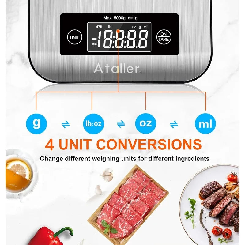 Báscula de nutrición de alimentos inteligente, báscula de cocina digital Bluetooth, pantalla LCD grande, acero inoxidable 304, graduación 1 g, máximo 5 kg 11 Ib