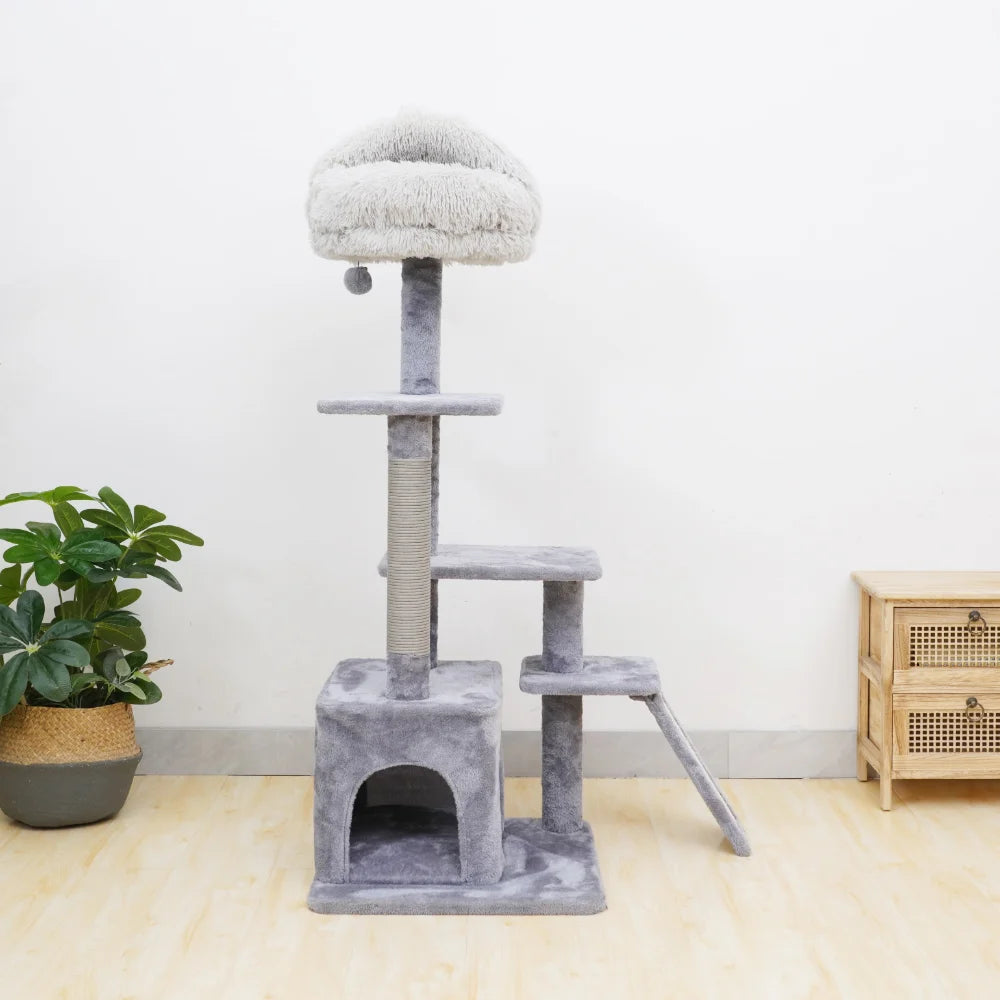 Árbol para gatos gris de 4 niveles con condominio y almohadilla para rascar, rascador para gatos de 48 pulgadas de altura, torre para árbol para gatos