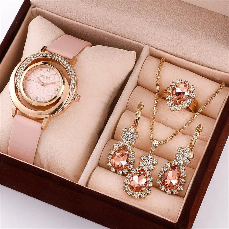 5 pièces ensemble de montre de luxe femmes bague collier boucle d'oreille strass mode montre-bracelet décontracté dames montres ensemble horloge