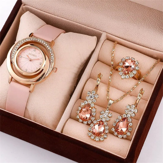 Conjunto de 5 uds. De reloj de lujo para mujer, anillo, collar, pendiente, reloj de pulsera de moda con diamantes de imitación, conjunto de relojes informales para mujer