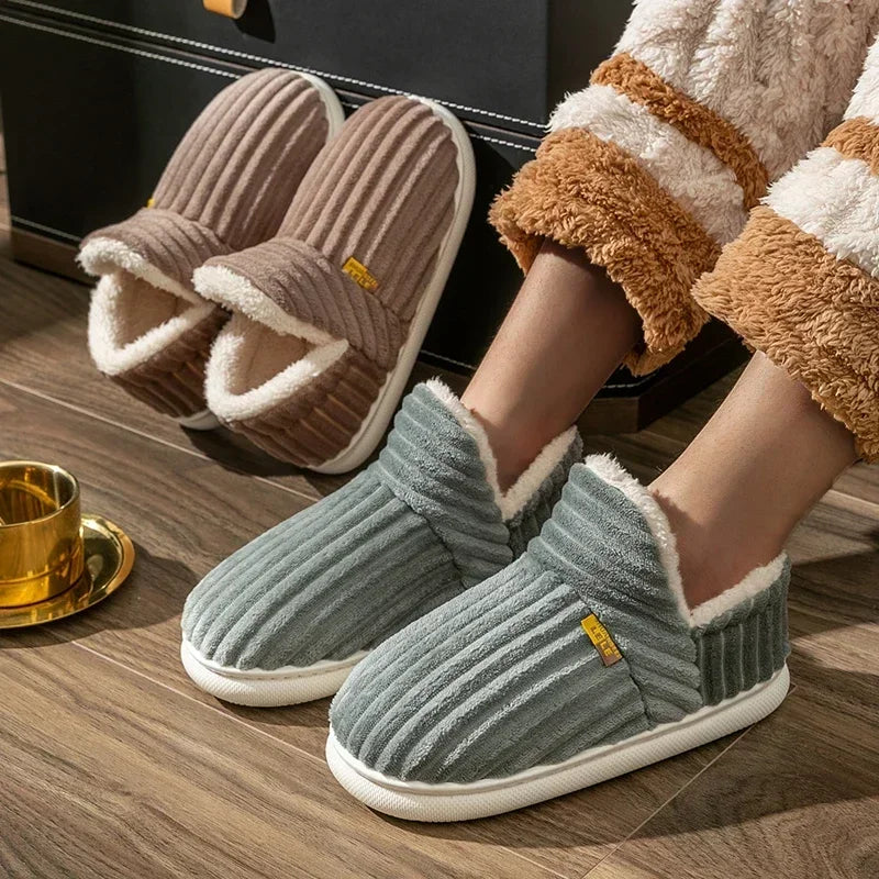 Estilo de pareja de invierno conciso Color sólido tacones envolventes Zapatillas de felpa chanclas cálidas antideslizantes mujeres hombres zapatos casuales de algodón para el hogar