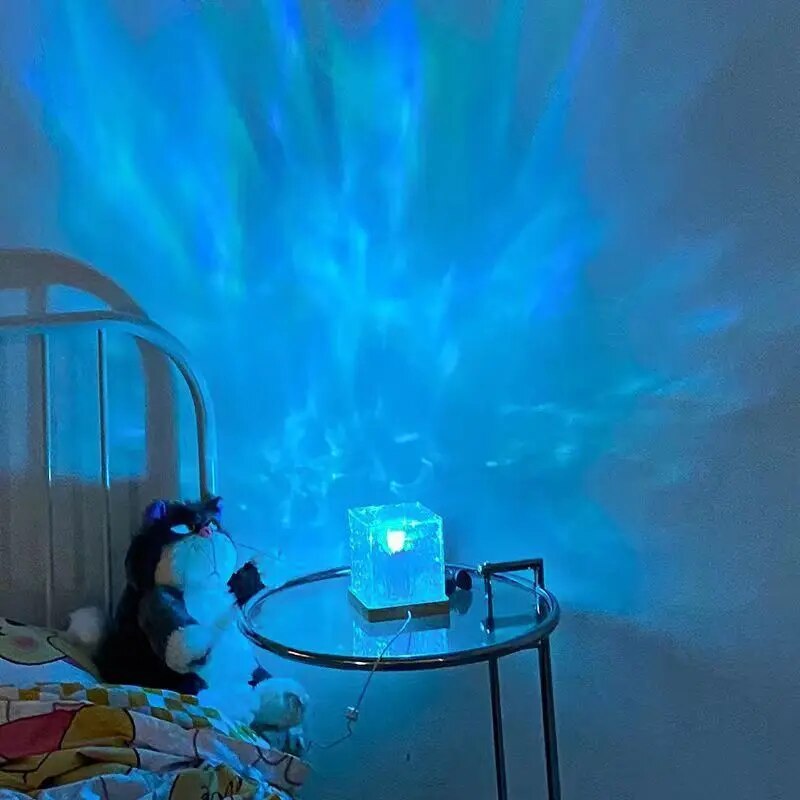 Proyector giratorio dinámico, luz nocturna de cristal, proyección de ondas de agua, llama, decoración de dormitorio para mesita de noche, regalo de cumpleaños y vacaciones