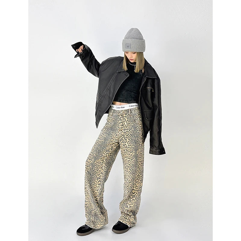 Monos informales Retro americanos para mujer, pantalones de pierna ancha holgados con estampado de leopardo, pantalones holgados estilo Hip-hop Y2k Cargo Grunge