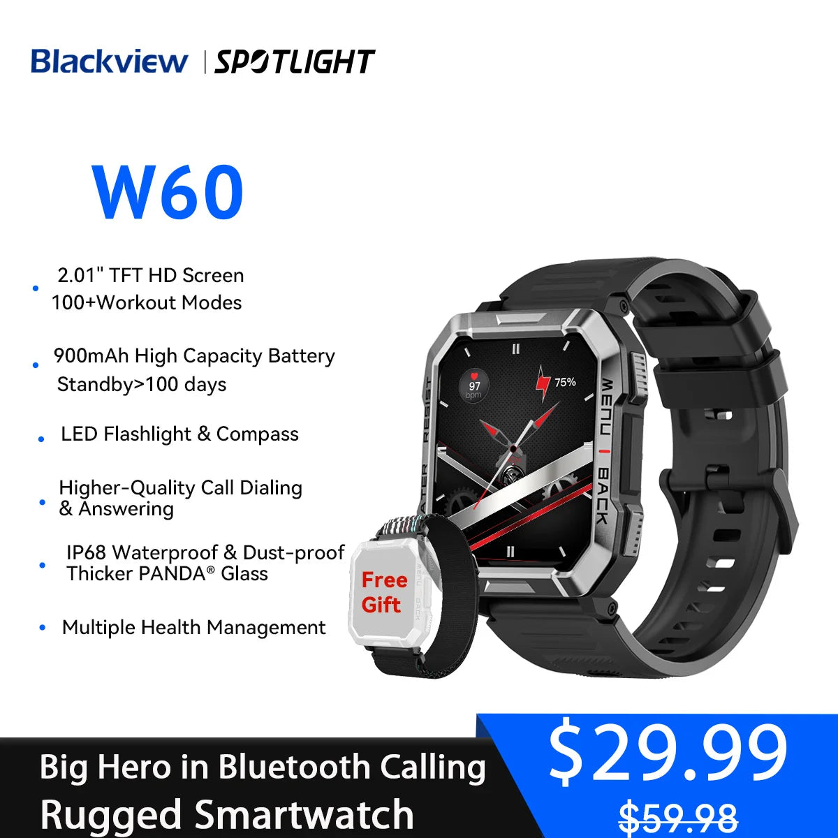 Blackview W60 2024 nuevo reloj inteligente 2,01 ''pantalla HD TFT resistente reloj inteligente para exteriores con iluminación de emergencia llamadas Bluetooth