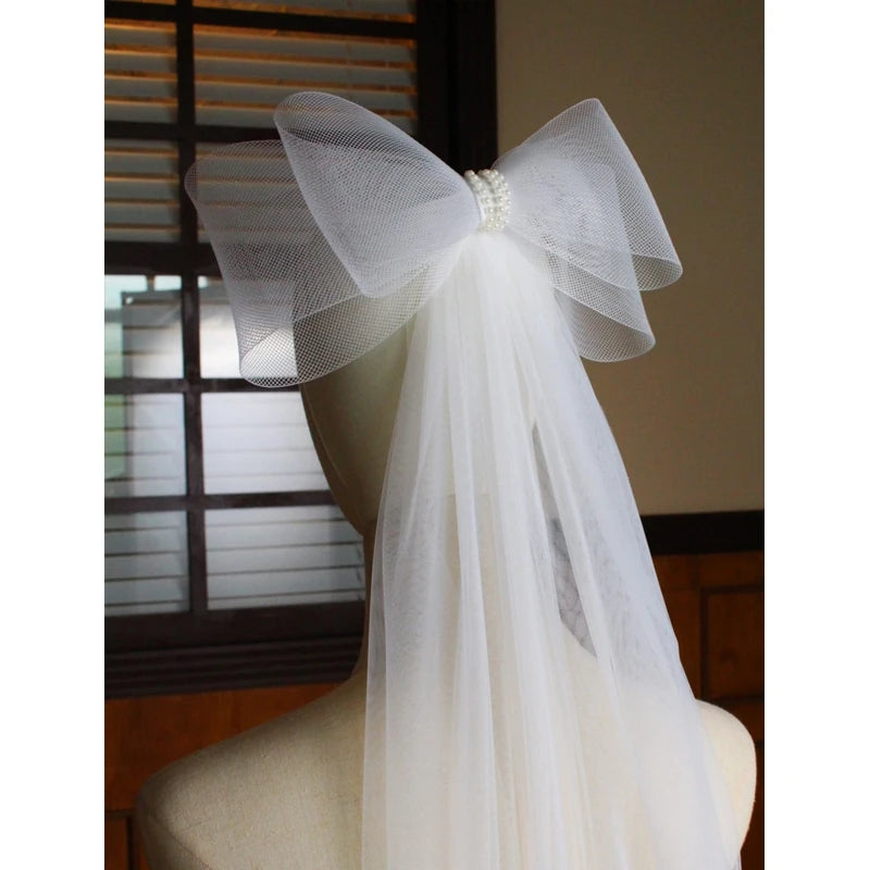 Velo de novia de boda de doble capa, velos transparentes de longitud corta con bonito lazo, accesorios para el cabello para novia, borde cortado, envío directo