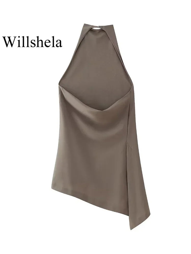 Willshela, conjunto de dos piezas a la moda para mujer, Tops plisados ​​marrones con cuello Halter y Pantalones rectos, pantalones elegantes Vintage para mujer, traje