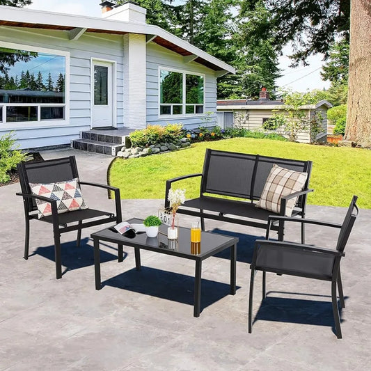 4 Pieces Patio Furniture Set All Weather Textile Fabric Outdoor,Glass Coffee Table,2 Single Chairs Black Garden Furniture Sets