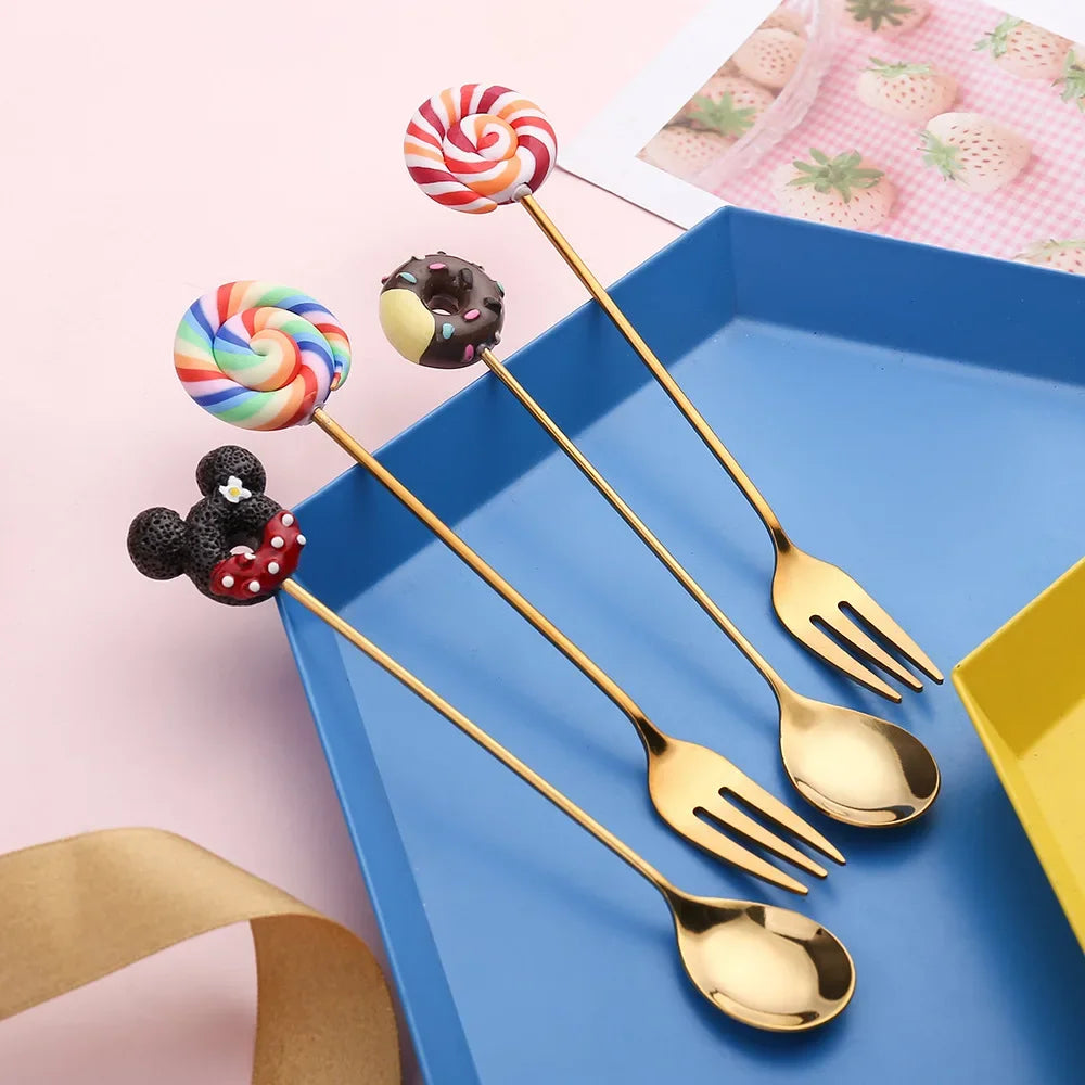 1Pcs Mini Stainless Steel Cute Doughnut Spoon Fork Cake Coffee Dessert Ice Cream Stirring Spoons Candy Cartoon Children Teaspoon