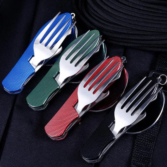 4 In 1 Detachable Camping Utensils Cutlery Set Stainless Steel Travel Dinnerware Set Foldable Knife Fork Spoon Bottle Opener