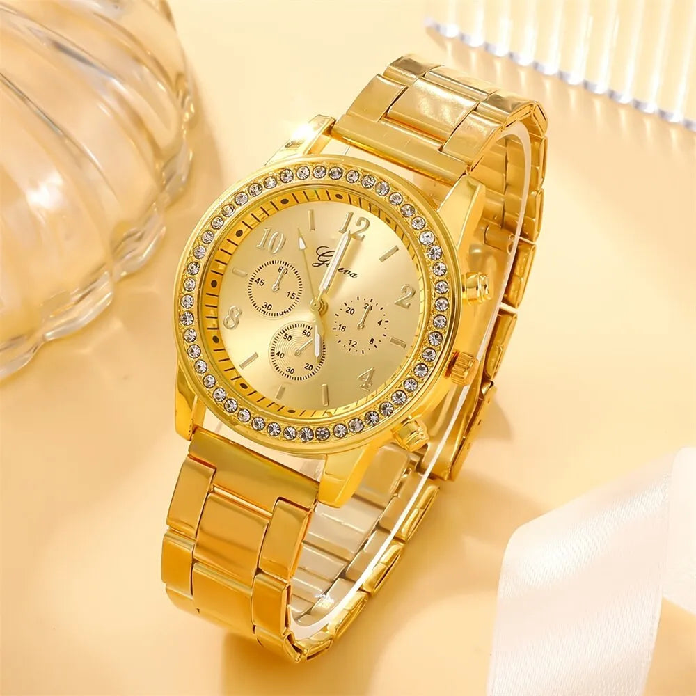 6PCS Set Luxury Watch Women Ring Necklace Earring Rhinestone Fashion Wristwatch Casual Ladies Watches Bracelet Set Clock