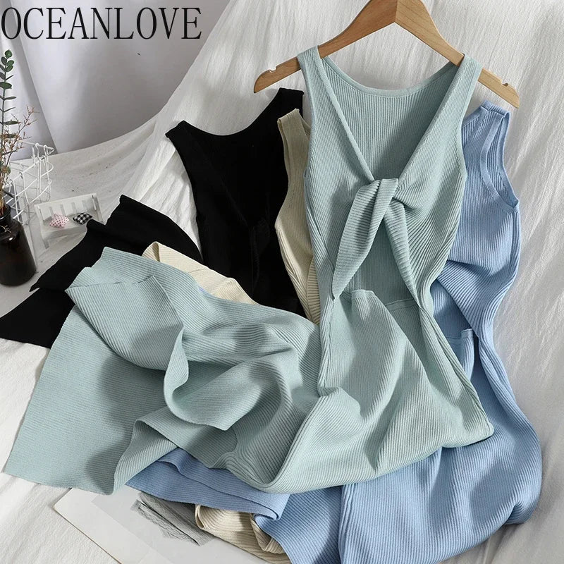 OCEANLOVE – Robe tricotée coréenne pour Femme, col en V, sans manches, ajourée, Sexy, Slim, moulante, fourchette fendue, longue, été