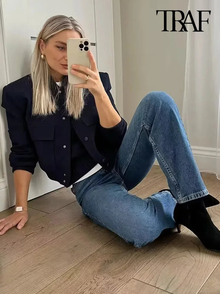 TRAF femmes mode avec poches Bomber veste manteaux Vintage à manches longues bouton avant décontracté vêtements de dessus pour femmes Chic hauts