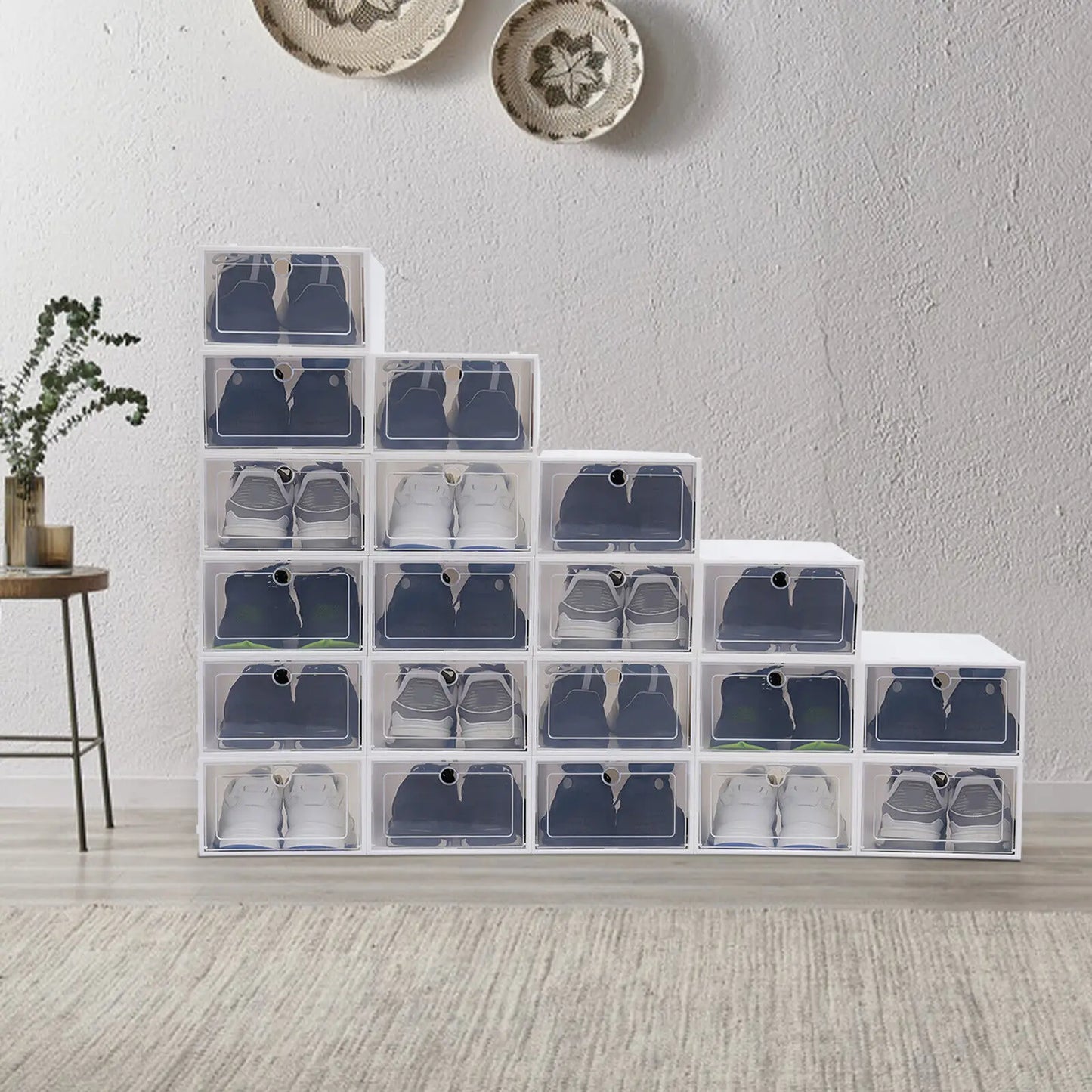 20PCS Fold Plastic Shoe Boxes Transparent Stackable Organizer Superimposed Combination Cabinet Home Use