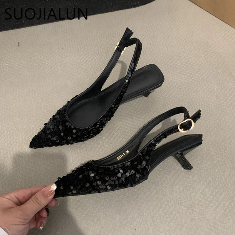 SUOJIALUN 2023 nouveau Bling femmes sandale mode bout pointu peu profond sans lacet dames élégant Slingback chaussures Med talon pompes chaussures