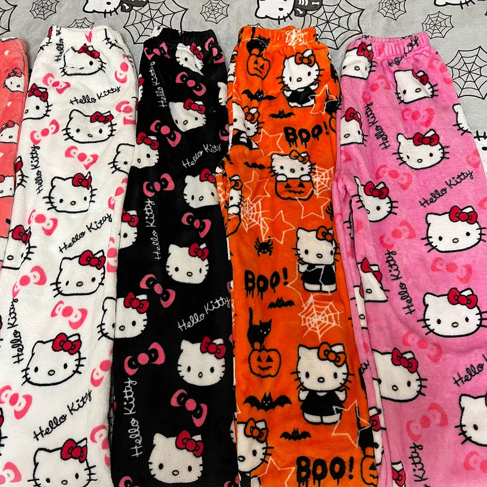 Sanrio Hello Kitty-pijamas de franela para mujer, pantalones de casa informales de lana cálidos con dibujos animados, color negro, moda Otoño Invierno