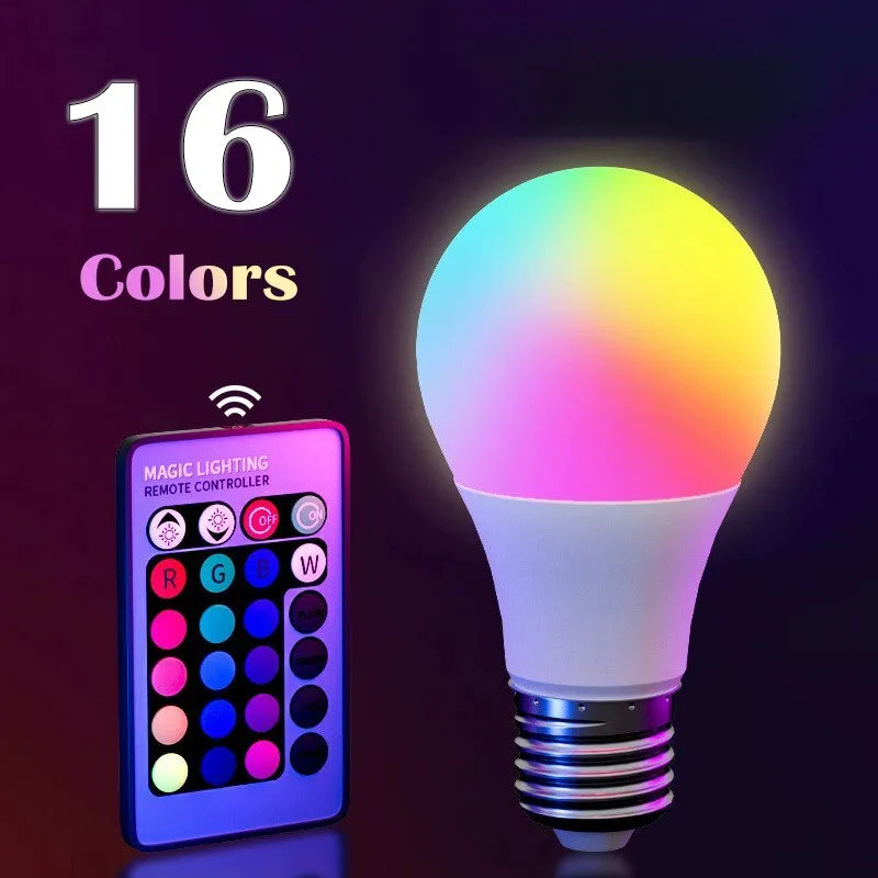 Bombilla LED RGB de 16 colores, Base E27 de 220V, iluminación del hogar regulable, Control remoto de 24 teclas, luz de neón de atmósfera