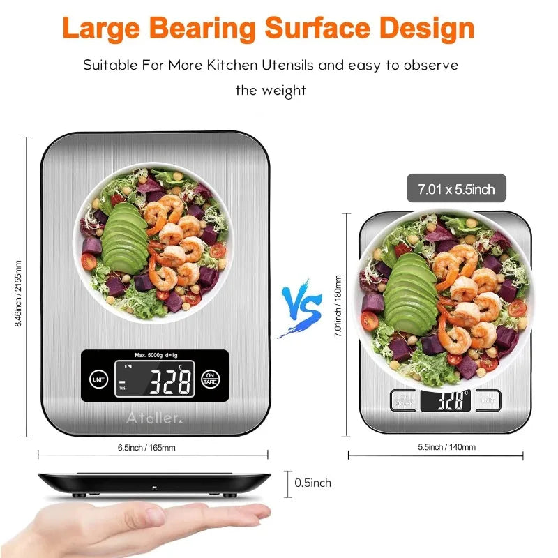 Báscula de nutrición de alimentos inteligente, báscula de cocina digital Bluetooth, pantalla LCD grande, acero inoxidable 304, graduación 1 g, máximo 5 kg 11 Ib