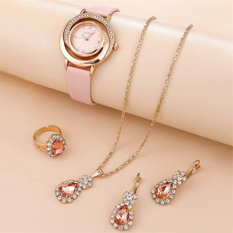 5 pièces ensemble de montre de luxe femmes bague collier boucle d'oreille strass mode montre-bracelet décontracté dames montres ensemble horloge