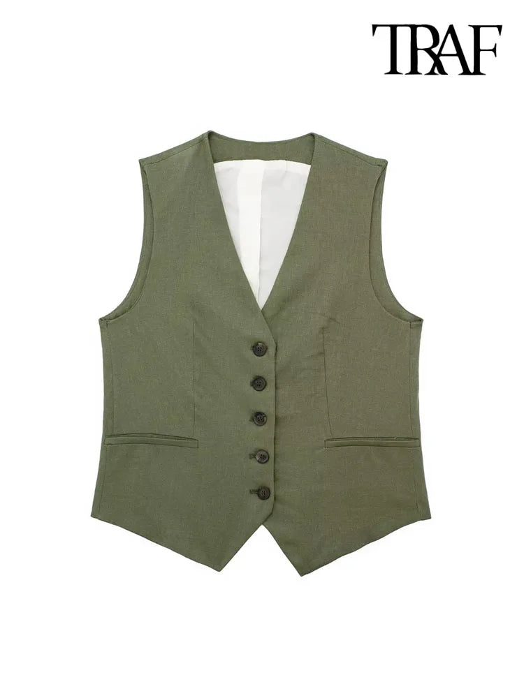 TRAF Women Fashion Front Button Linen Waistcoat Vintage V Neck Sleeveless Female Outerwear Chic Vest Tops