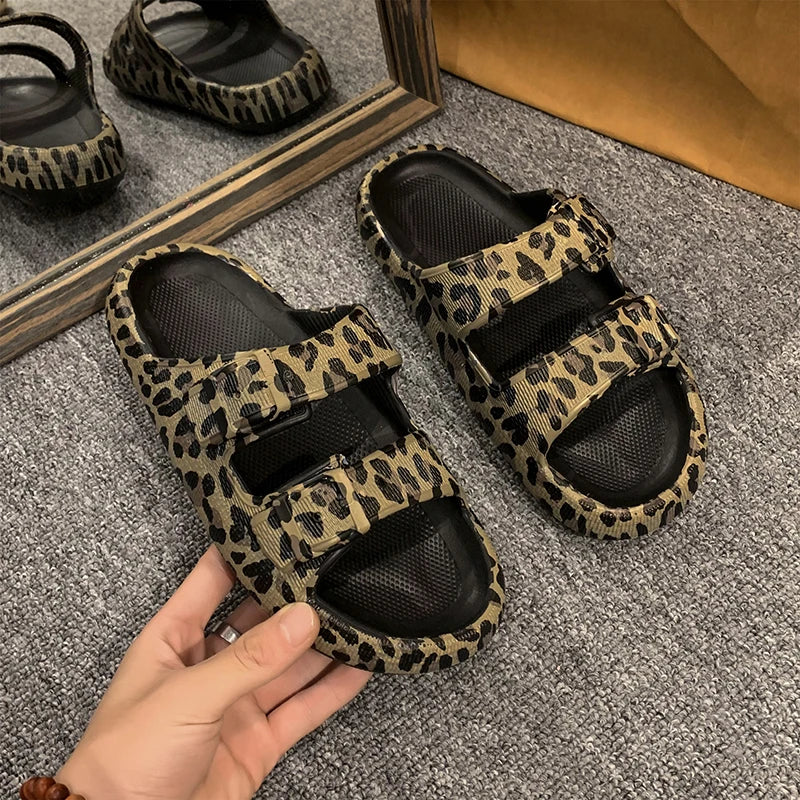 Summer Slippers Women's Leopard Print Platform Slippers Casual Thick Sole Indoor and Outdoor Sandals Couple Beach Shoes