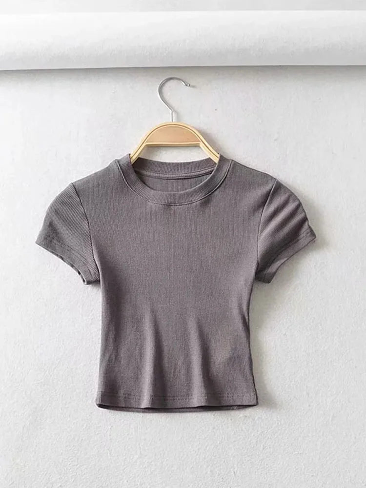 Summer Sexy Women O-neck Short-sleeve T-shirt Slim Elastic Skinny Crop Tops