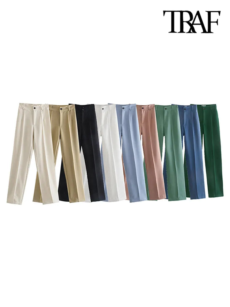 TRAF Mujer moda elegante ropa de oficina Pantalones rectos Vintage cintura alta cremallera Fly Mujer Pantalones Mujer