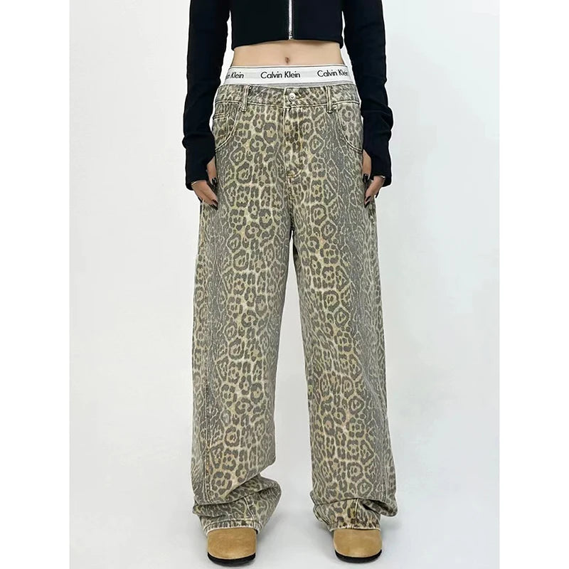 Monos informales Retro americanos para mujer, pantalones de pierna ancha holgados con estampado de leopardo, pantalones holgados estilo Hip-hop Y2k Cargo Grunge