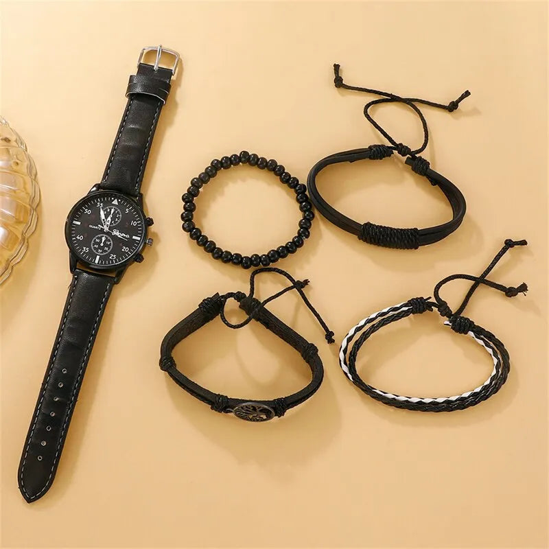 5PCS Set Fashion Mens Sports Watches Man Business Quartz Wristwatch Luxury Leather Bracelet Men Casual Clock Watch