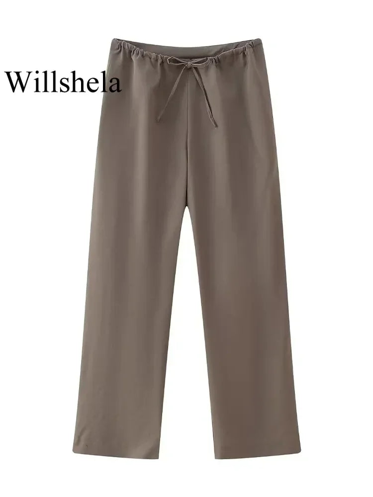 Willshela femmes mode deux pièces ensemble marron plissé licou cou hauts et pantalon droit Vintage femme Chic dame pantalon costume