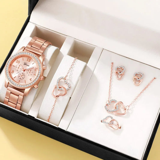 Conjunto de 6 uds de reloj de lujo de oro rosa para mujer, anillo, collar, pendiente, reloj de pulsera de moda con diamantes de imitación, relojes de pulsera informales para mujer