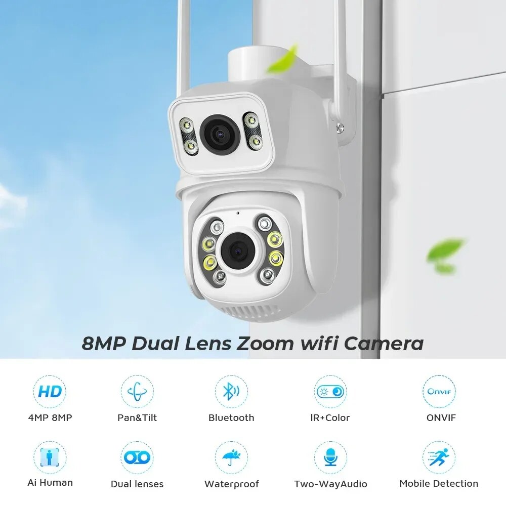 Cámara IP de 8MP 4K WIFI, cámara de vigilancia PTZ de doble lente, protección de seguridad impermeable para exteriores, visión nocturna IR a Color, hogar inteligente