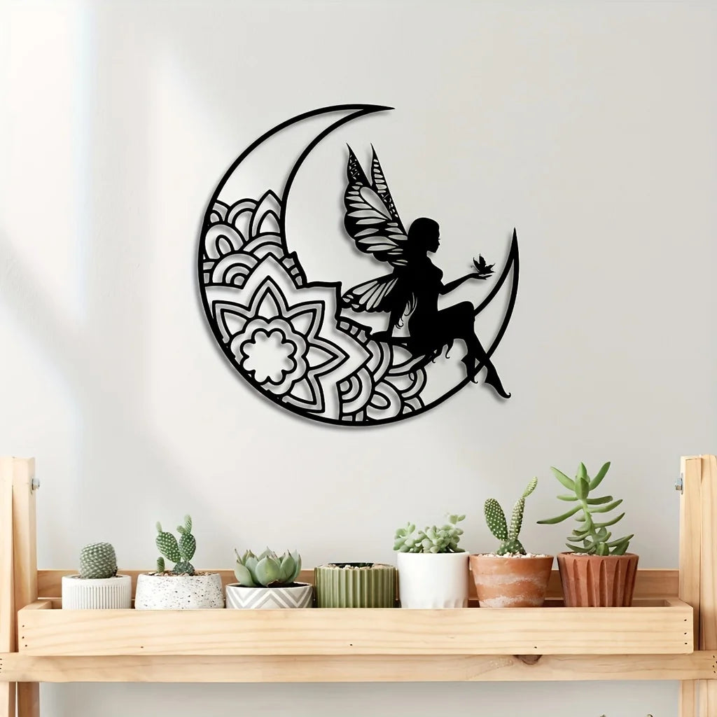 1 plaque en métal représentant une fée de la lune, décoration murale en métal, silhouette creuse en 3D pour chambre, décoration extérieure de la maison, décoration amusante